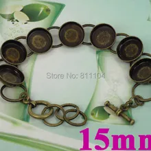 15 мм Винтаж, античная бронза Круг глубокий край ободок лоток тумблер застежка с кольцом цепи кабошон манжеты оправы для браслетов пустые оптом