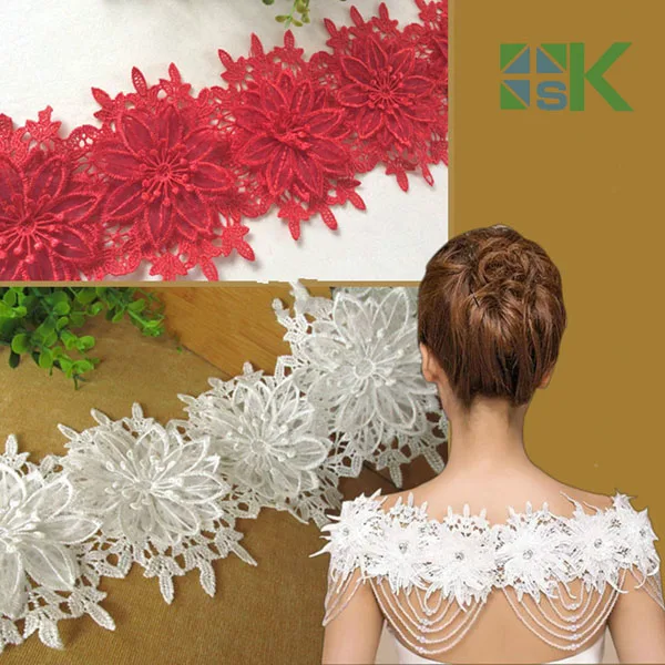 

10pcs flower/lot White Red Embroidered Lace Ribbons Clothing DIY Handmade for Wedding Dress Applique 7.5cm*12cm Floral Lace Trim