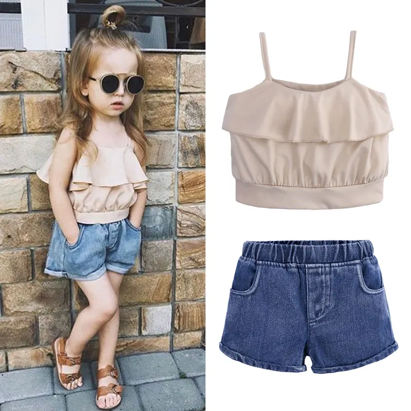 

Summer Children Girls Clothes Kit Cotton Toddler Girl Clothes Set Sleeveless Strap Tshirt+Shorts Jeans 2 Piece Kids Clothing Set