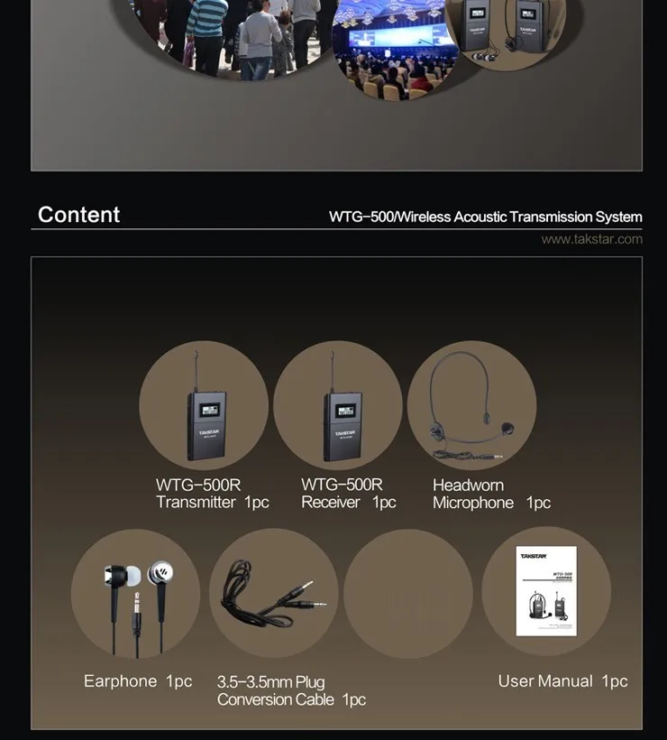 Takstar WTG-500/WTG500 UHF Беспроводная аудиосистема для туристического гида/обучения передатчик+ приемник+ микрофон+ наушники