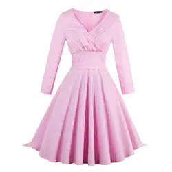Однотонное Розовое женское платье трапециевидной формы 2018 с длинным рукавом женское платье с бантом на шнуровке платья с v-образным