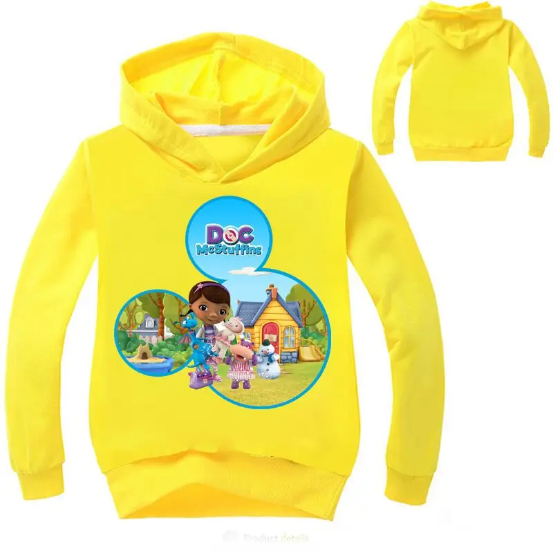 Новая верхняя одежда для девочек с героями мультфильмов; толстовки с капюшоном с принтом «Doc Mcstuffins»; весенне-осеннее пальто для девочек; модная детская одежда