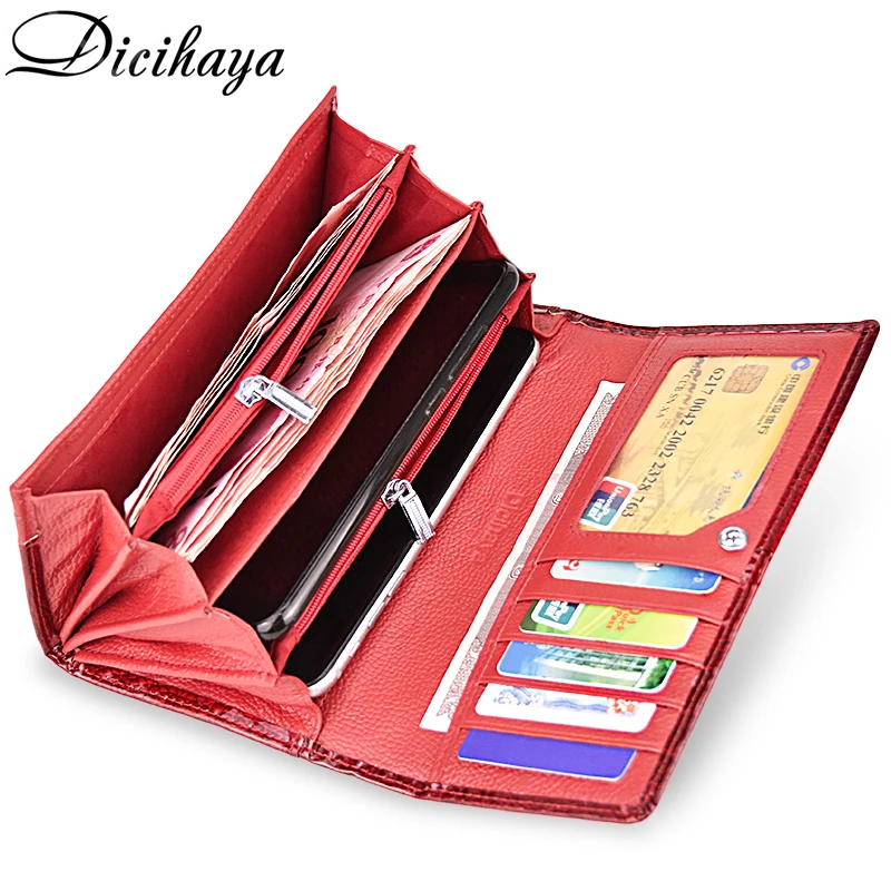 DICIHAYA Genuine Leather Women's Wallets Fallow Long Ladies Double Zipper Wallet Clutch Bag Design Red Purse Crocodile Purses