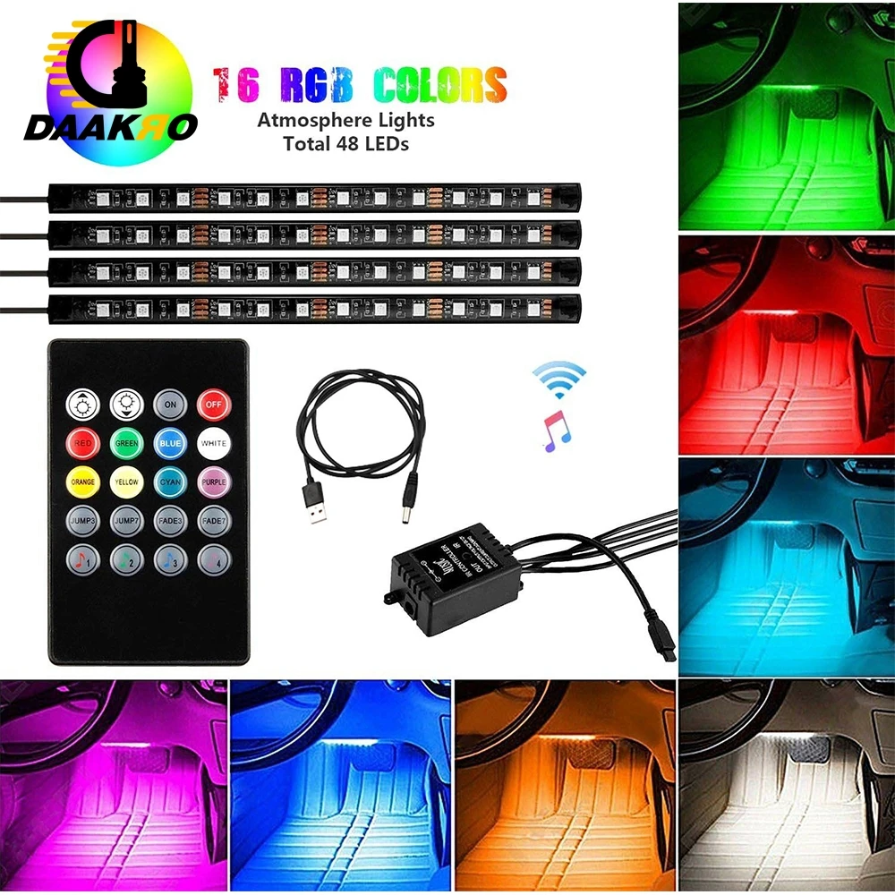 4 шт. ультратонкий RGB 12 48 светодиодный Авто интерьерный неоновый атмосферный светильник, музыкальный пульт дистанционного управления, цветной DC 12 В 10 Вт