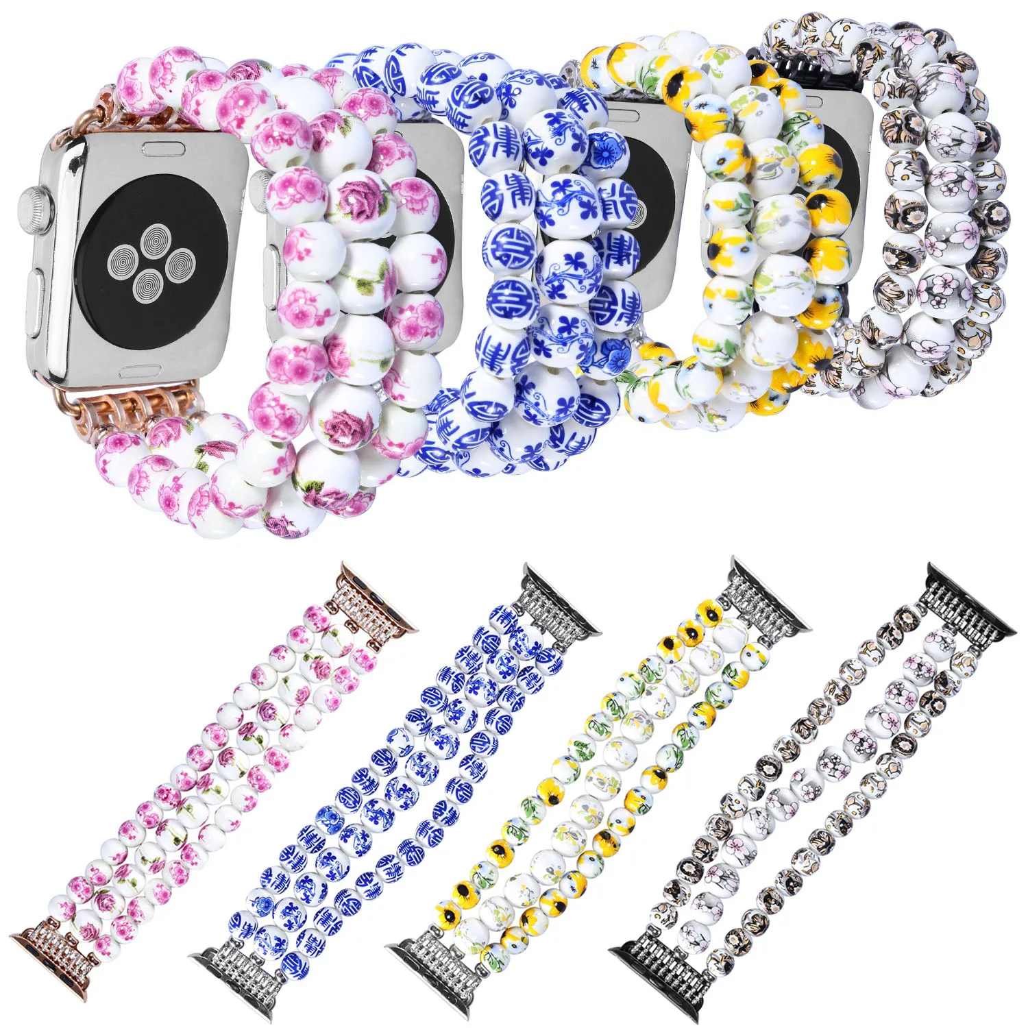 Flower Ceramic Round Beads Stretch Bracelet for Apple Watch Band Series 3 Strap for iWatch