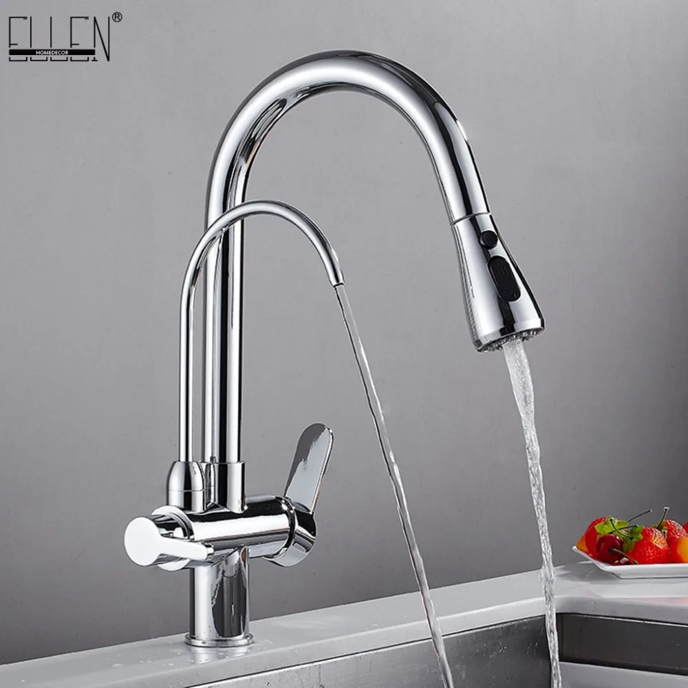 

Deck Mounted Kitchen Faucets Pull Out Hot Cold Water Filter Tap for Kitchen Three Ways Sink Mixer Kitchen Faucet ELK9139