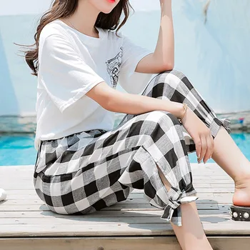 

Summer Thin Loose Elastic Waist Slim Trousers 2019 Women Plaid Print Harem Pasnts