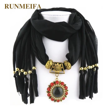 

[RUNMEIFA] fashion stone flower pendant scarf with two ending jewelry. Total 6 colors,Solid scarf