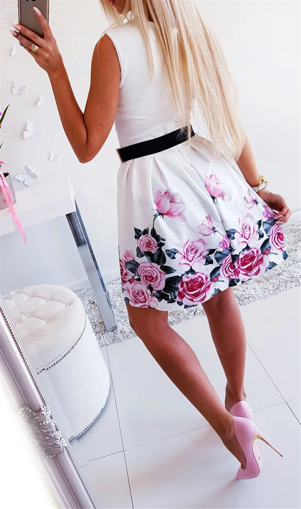 Women Summer Flower Printed A-Line Dress O-Neck/V-Neck Sleeveless Mini Dress Elegant Lady Steetwear Party Dress (Without Belt)