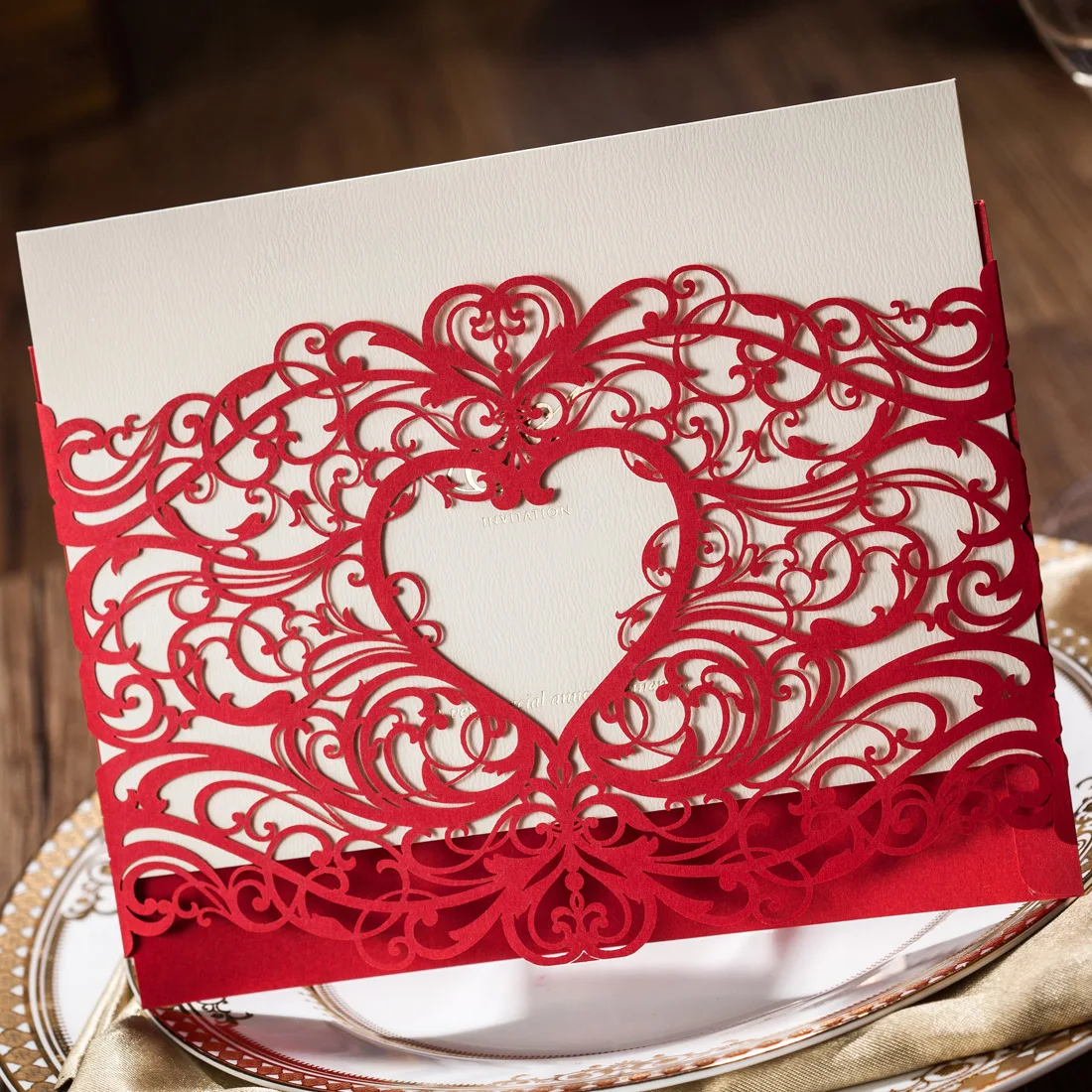  [Sweet Heart] 25Pcs Gold & Red Laser Cut Wedding Invitations Cardstock with Envelope Blank Birthday - 32992167768