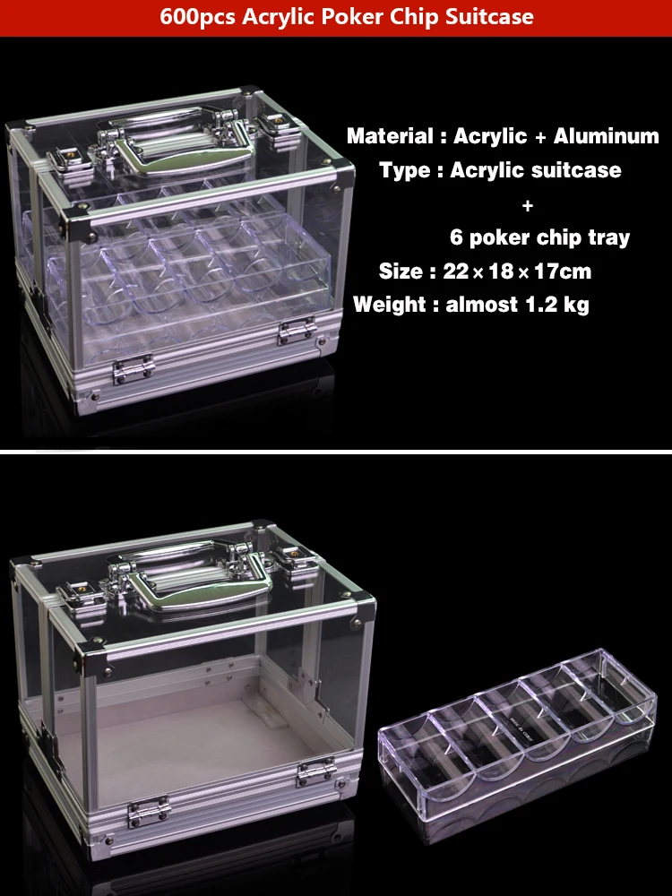 Высокое качество, 600 шт, портативные фишки для покера, чемодан, большие чехлы с паролем, акриловые прозрачные двойные открытые монетные коробки