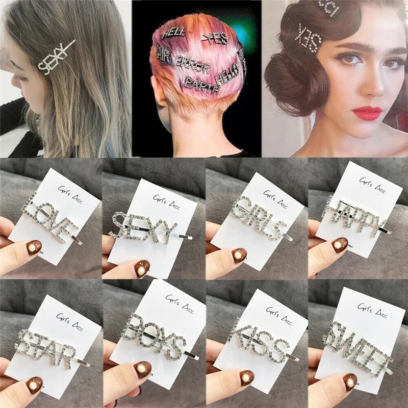 

Shining Girls Hair Accessories 2019 Newest Rhinestone Word Letters Hair Clips For Women Hairpin Slide Grips Jewelry Headpiece