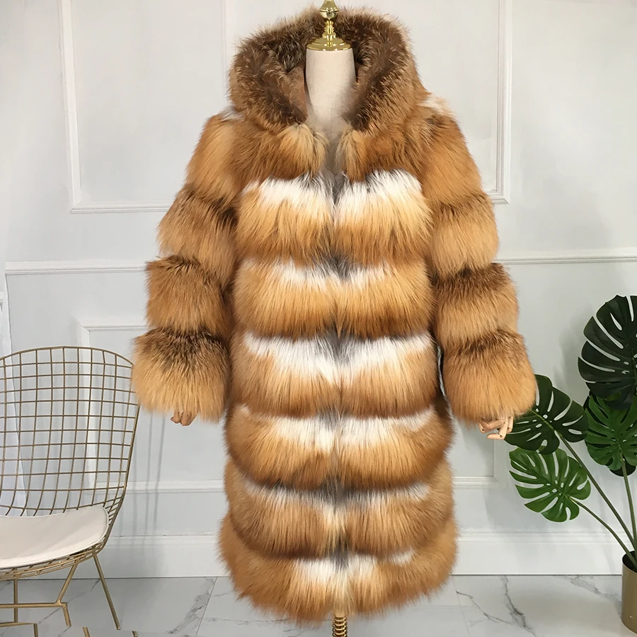 real fur coat a long fox fur coat with fur hood