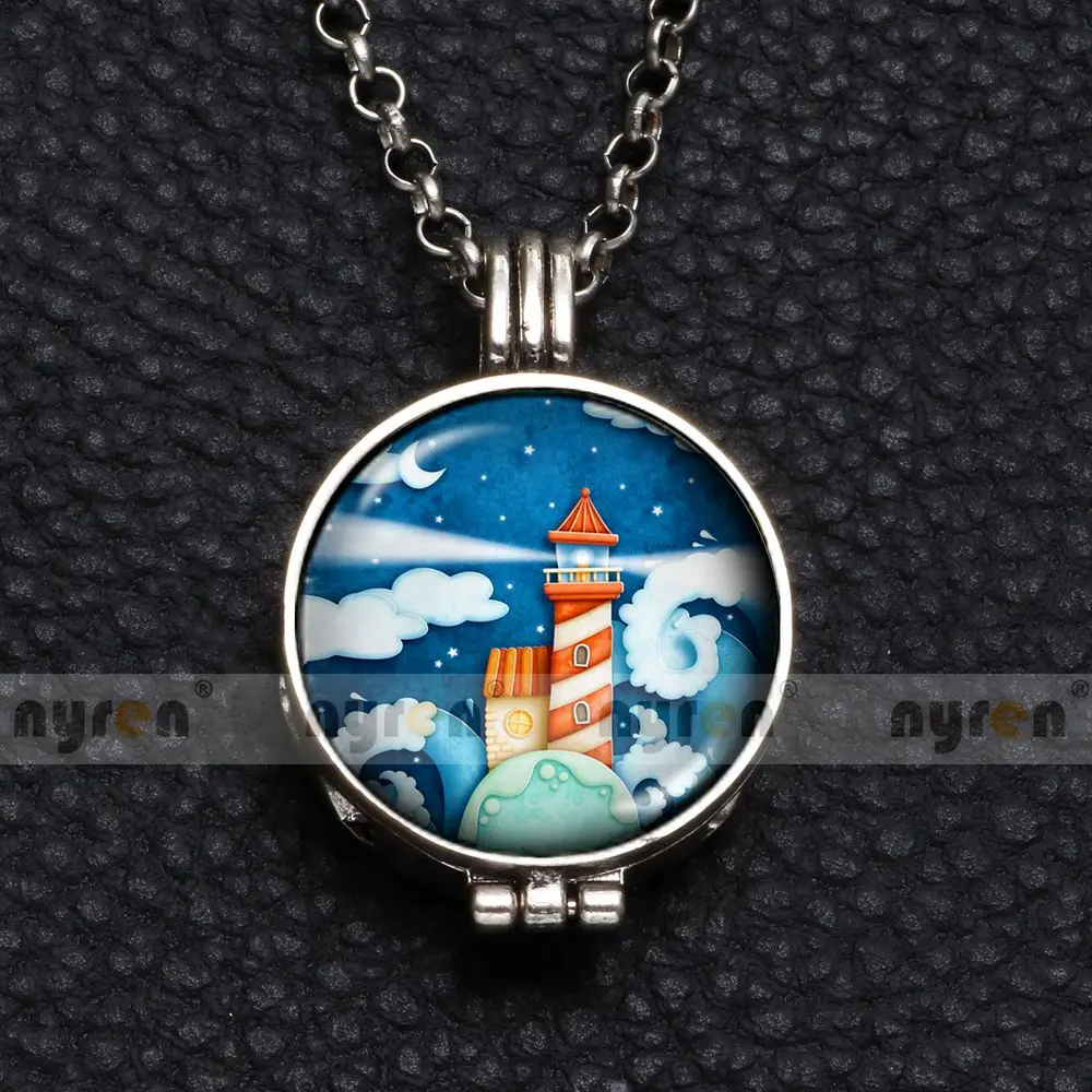 Perfume Aroma Pendant Necklace With Foam 25mm Glass Charms Lighthouse Multi Pattern For Man Women& Girl DZ1750 - Окраска металла: DZ1750j