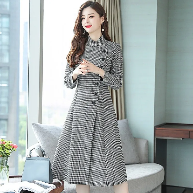 Laine Femmes Vintage Picture As Offre Mandarin Col Outwear Spéciale Mélanges Manteau Pardessus Décontracté Automne Hiver Unique Plaid Poitrine Long DHYW2E9I