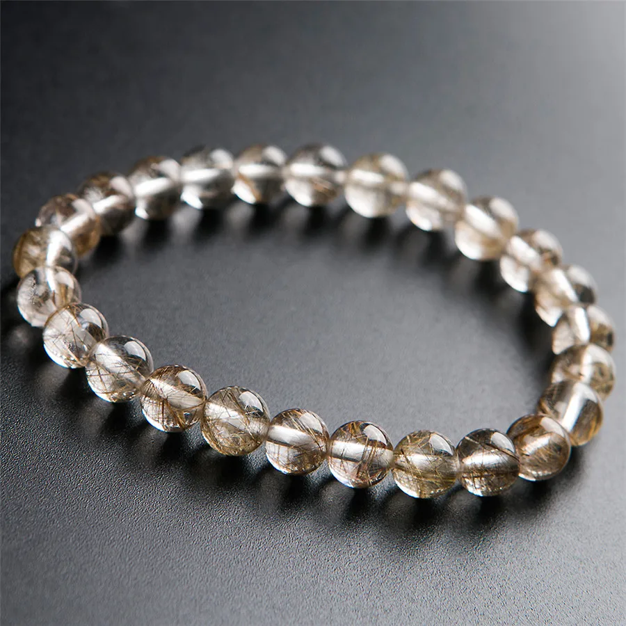 

Genuine Brazil Natural Silver Rutilated Quartz Crystal Round Bead Stretch Bracelet 7mm