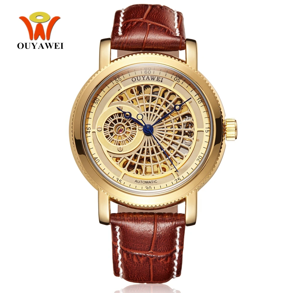 

2016 OYW Brand Man mechanical Self wind Men Wristwatches relogio masculino Luxury Gold Skeleton dial Leather band Dress Watch