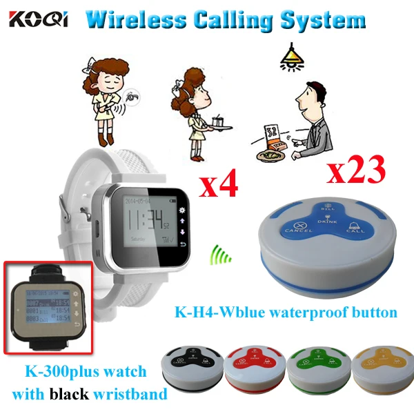 

Restaurant Intercom System Restaurant Waiting Pager K-300plus With Waterproof Call Button (4pcs watch pager + 23pcs call bell )