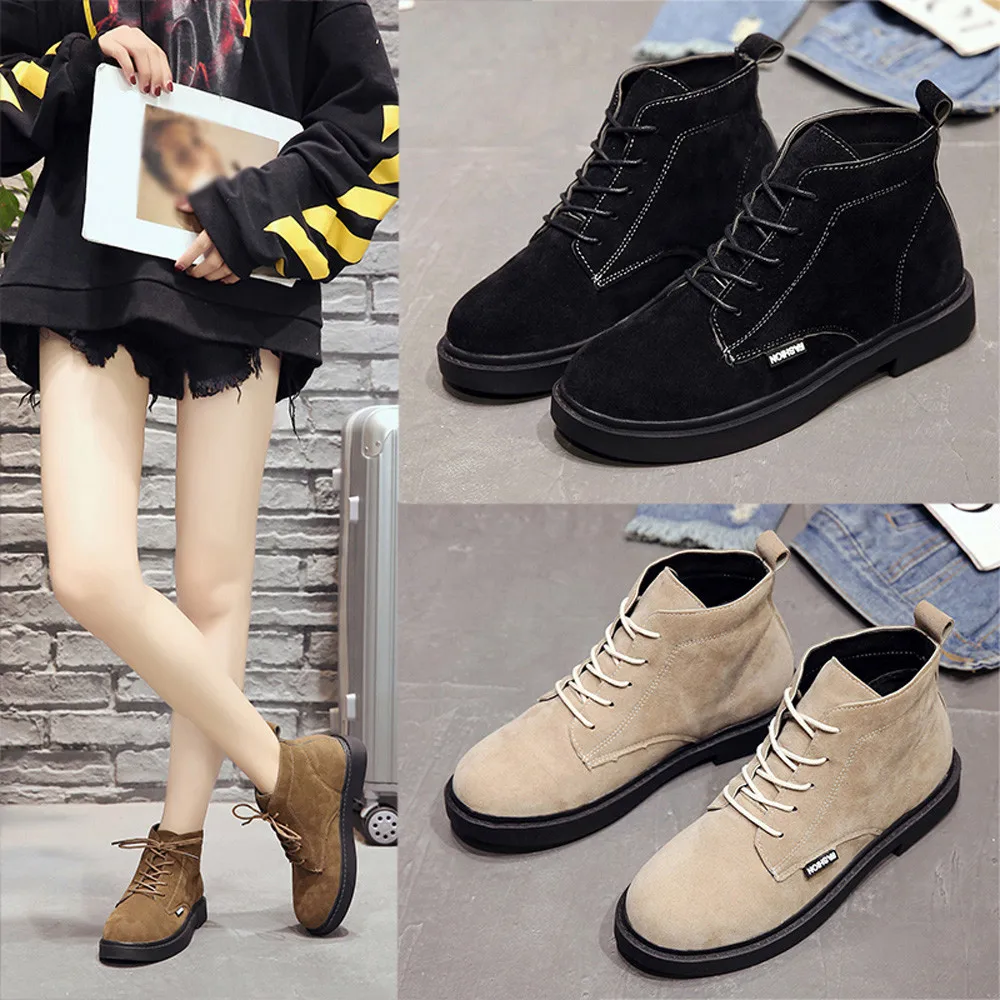 

SAGACE Women Boots Square Heel Shoes Martain Winter Warm Boot Suede Lace-Up Solid Color Round Toe Ladies PU Leather Shoes CC#