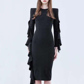 

Hot Sale 2019 Spring Dress Elegant Celebrity Sexy Full O Neck Women Ruffles Night Club Body con Party Dresses Wholesale