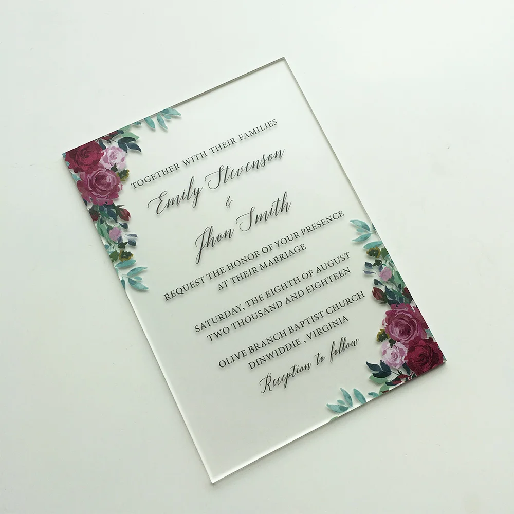  50 Pieces Per Lot Beautiful Burgundy Floral Watercolor Style 5x7inch Frosted Acrylic Wedding Invita - 32871227611