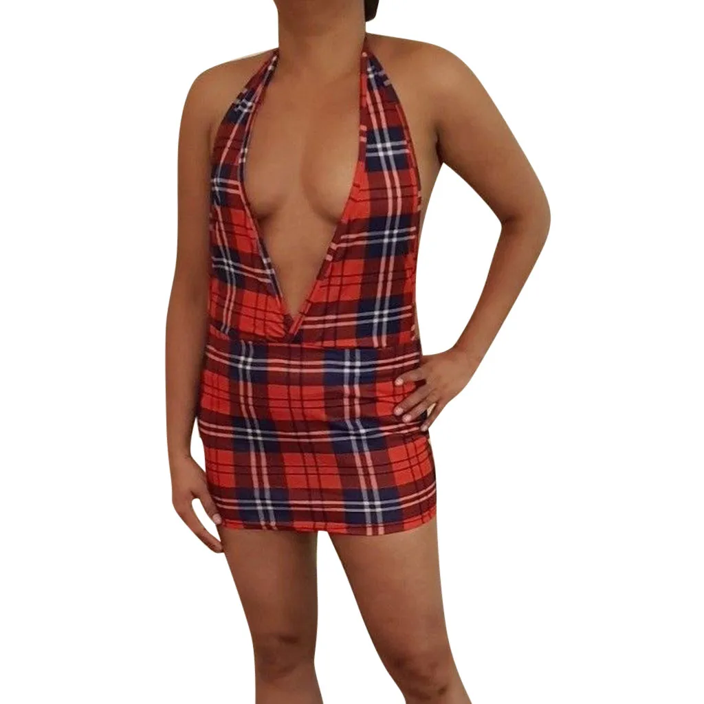

Women's Sexy Strapless Plaid Dress Female Summer Casual Deep V-neck Bandage Mini Dress ladies Large Size Slim Fashion vestido