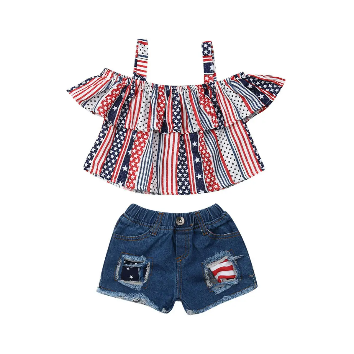 

Newborn July 4th Baby Girl Clothes Girls Independence Day Tops Off Shoulder Crop Tops Hole Denim Shorts Kids Outfits Sets 1-6T
