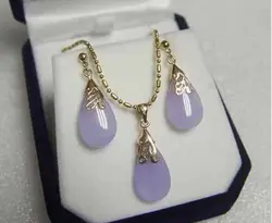 Горячее надувательство Благородный БЕСПЛАТНАЯ ДОСТАВКА >>@> Фиолетовый Jade 18KGP Ожерелье Серьги Природных ювелирных изделий