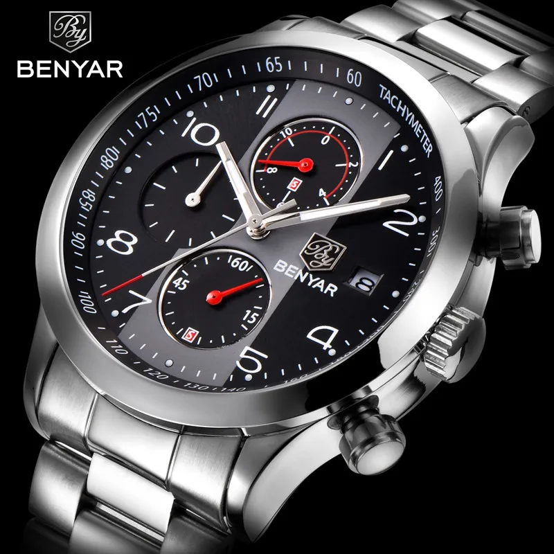 

BENYAR Mens Watches Quartz Stainless steel Military Sport Watch Men Luxury Business Waterproof Chronograph relogio masculino+Box