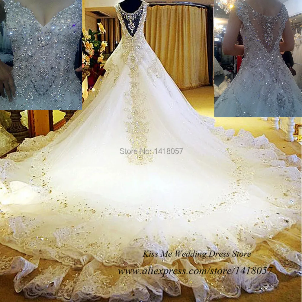 Real Sample Luxury Wedding Dress 2015 Rhinestones Crystals Lace Bridal Gowns Princess Royal Train Custom Vestido de Casamento