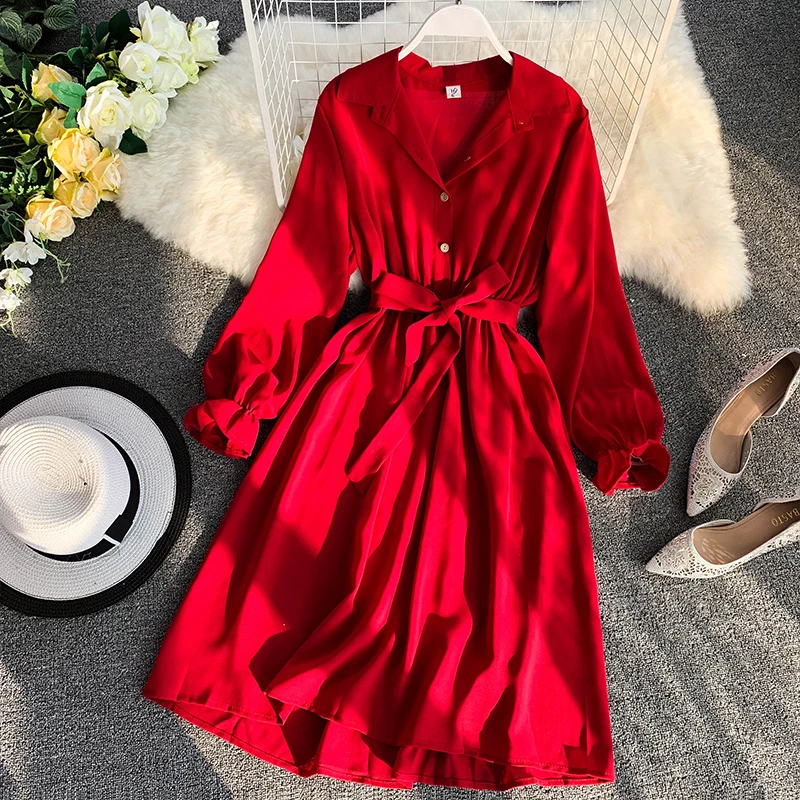 

2019 new fashion women's dresses Spring literary fresh solid single-breasted Puff temperament waist lace dress