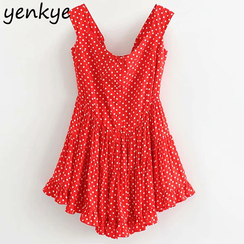 

2019 Women Polka Dot Red Ruffle Mini Dress Sexy Lady Sleeveless Square Neck Holiday Beach Summer Dress DWDD60248