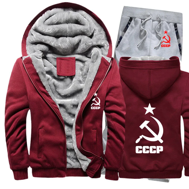 Зимний флисовый утолщенный спортивный костюм CCCP, русские толстовки с капюшоном, мужской комплект, повседневный теплый комплект из 2 предметов, толстовки с капюшоном в советском стиле, куртка+ штаны - Цвет: 814