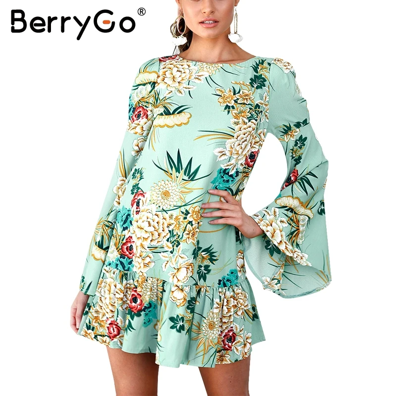 BerryGo Print ruffle flare sleeve chiffon dress women