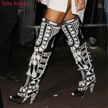 Сандалии-гладиаторы выше колена в стиле Рианны; Цвет черный, белый; Летние Женские ботинки в байкерском стиле с открытым носком; женская обувь на высоком каблуке-шпильке