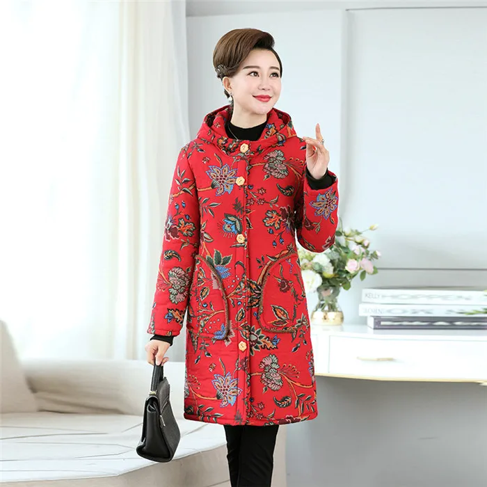 1 Новинка; большие размеры; XL-6XL; зимние хлопковые парки для женщин; утепленные куртки с капюшоном и принтом; женские винтажные длинные пальто среднего возраста; G306 - Цвет: 1