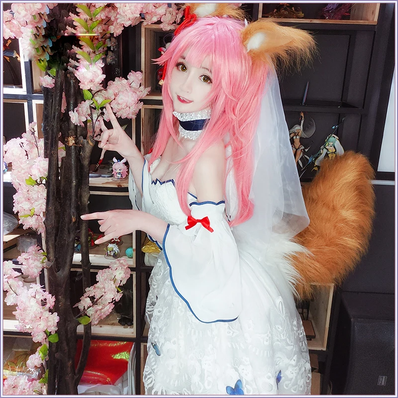 

Anime FGO Fate Grand Order Extra CCC Caster Tamamo no Mae Cosplay Costume Lolita Women Wedding Dress Full Set