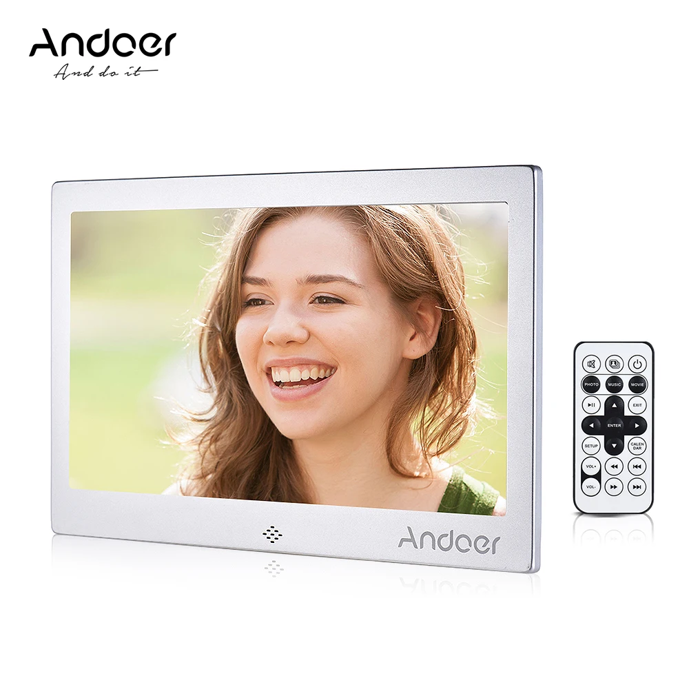 Andoer 1" LED Фоторамки 720 P видео музыка Календари часы TXT плеер 1024*600 Металл Фоторамки Дистанционное управление - Цвет: Серебристый