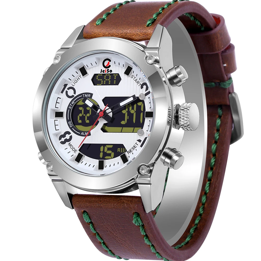 2018 Sports Watch Genuine Leather Band Digital Dual Display IPS Metal