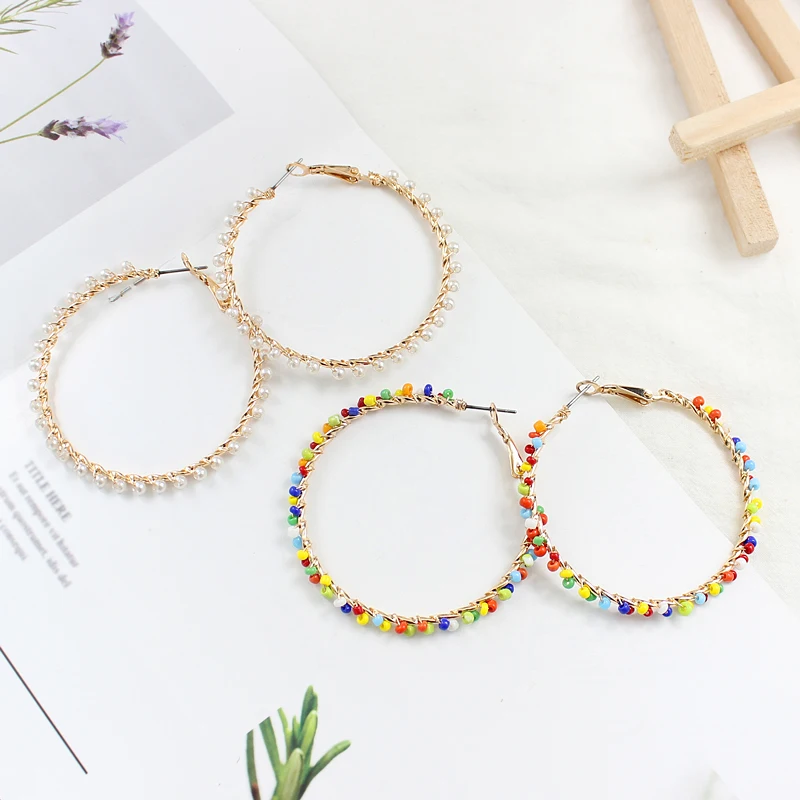 

Dainty Simple Golden Silver Color Multicolored Pearl Cluster Big Circle Gipsy Earrings Wedding and Holiday Party Jewelry