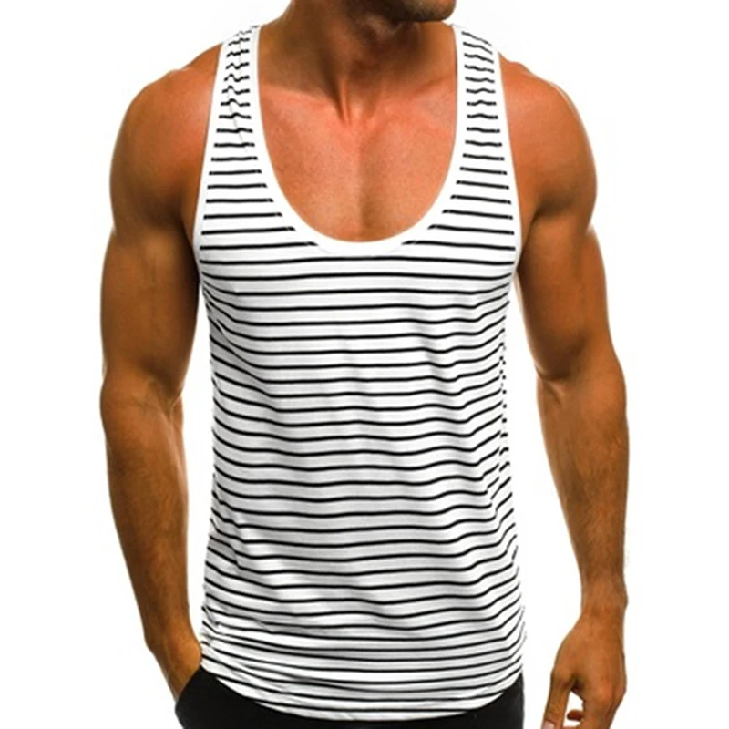 Camiseta sin mangas informal a rayas para hombre, camisetas sin mangas con cuello redondo, chaleco playero de verano, ropa deportiva para vacaciones, 2020