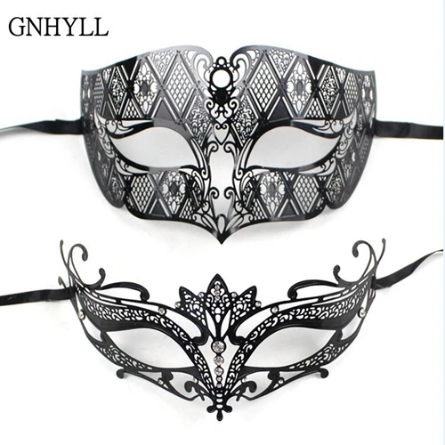 GNHYLL для влюбленных мужчин и женщин, пара венецианских маскарадных масок, черные металлические маски Mardi Gras, Вечерние Маски для косплея, сексуальные свадебные маски - Цвет: Черный