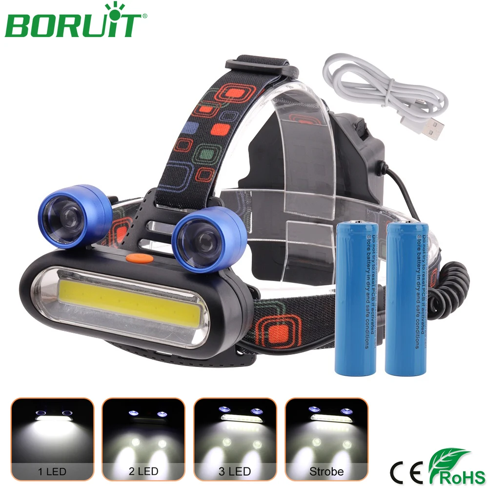

BORUiT COB LED Headlamp Flashlight USB Rechargeable Portable Lanterna Waterproof Camping Hunting Head Torch Light 18650 Battery