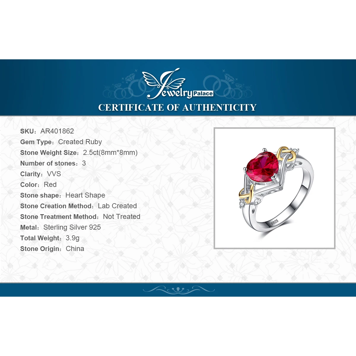 JewelryPalace Любовь Узел Сердце 2.5ct Создано Красный Рубин Годовщина Обещание Кольцо
