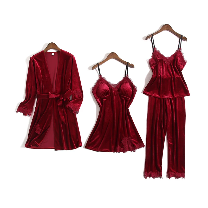 

Gold Velvet 4 Pieces Warm Winter Pajamas Sets Women Sexy Pajama Sleepwear For Women Long Sleeves Nightwear Long Pant Robe sets