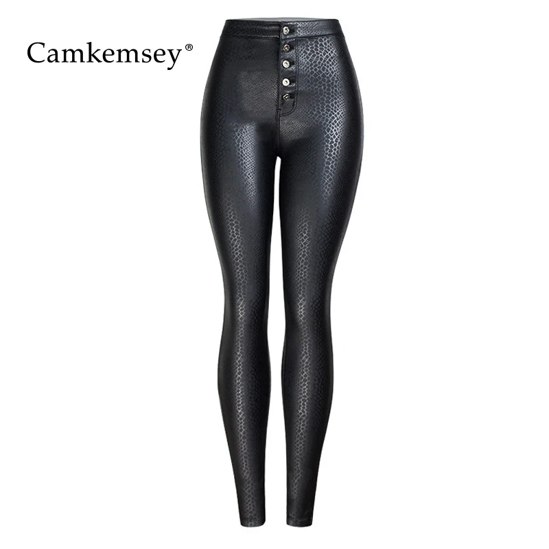 

Camkemsey 3XL Plus Size Autumn Winter Warm Velvet Leather Pants Women Fashion Snake Skin High Waist Stretch Skinny Leather Pants