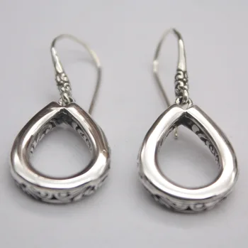 

Retro Pure S925 Silver Earrings Hollow Flower Pattern Raindrop Woman's 35*17mm Earrings Dangle Hook 2019 Hot