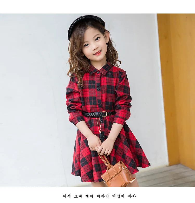 Повседневное хлопковое клетчатое платье-рубашка для девочек-подростков; платья принцессы с длинными рукавами; цвет черный, красный; с принтом цифр; школьный стиль с поясом