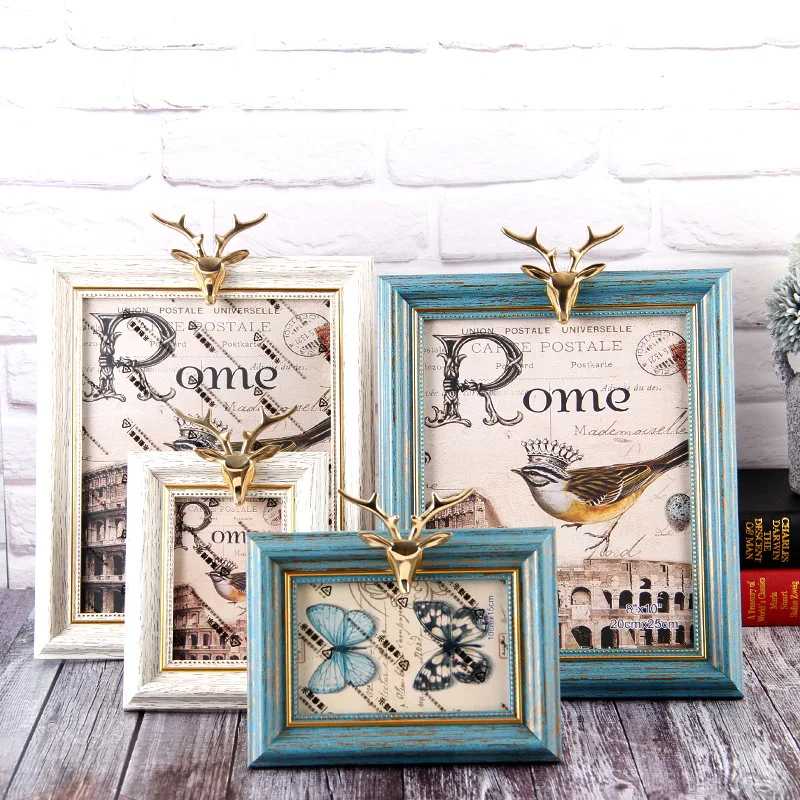 

Wooden Photo Frame with Copper Deer Head Pendulum Desk Picture Display Frame for Home Decor Nordic Wedding Living Room Decor