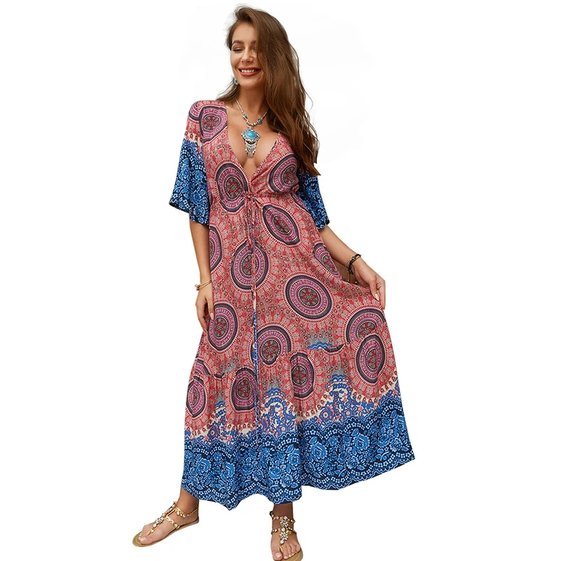 

2019 Women Long Maxi Dresses Bohemia V-Neck Half Sleeve Floral Print Summer Beach Female Stylish Style Dress Vestidos